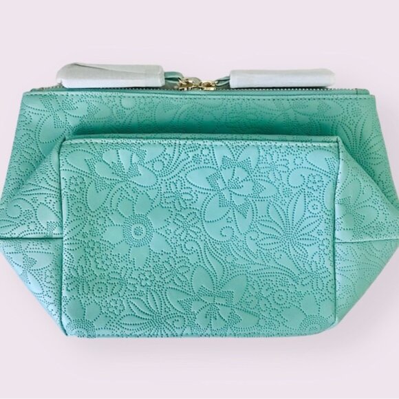 Typo Large Floral Embossed Cosmetic Zip Bag Toiletries Makeup Travel Teal Blue - Picture 5 of 6